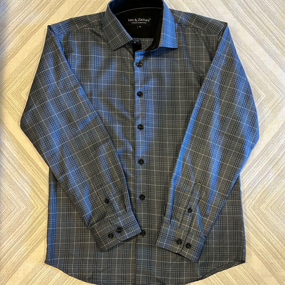 Leo & Zachary Boys Grey & Black Checkered Button Down Shirt